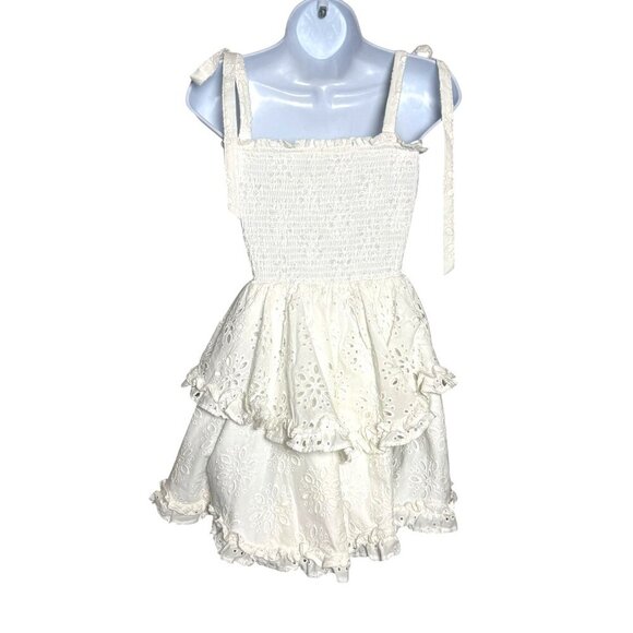YUMI KIM Rita mini dress white eyelet size small tiered shoulder ties smocked - Picture 5 of 13